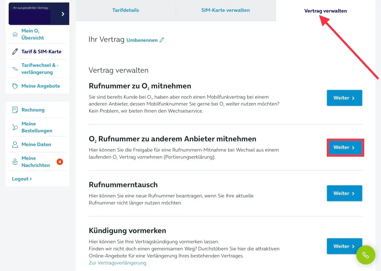 Vertrag verwalten: Rufnummer zu O₂ mitnehmen oder zu anderem Anbieter mitnehmen (Portierungserklärung).