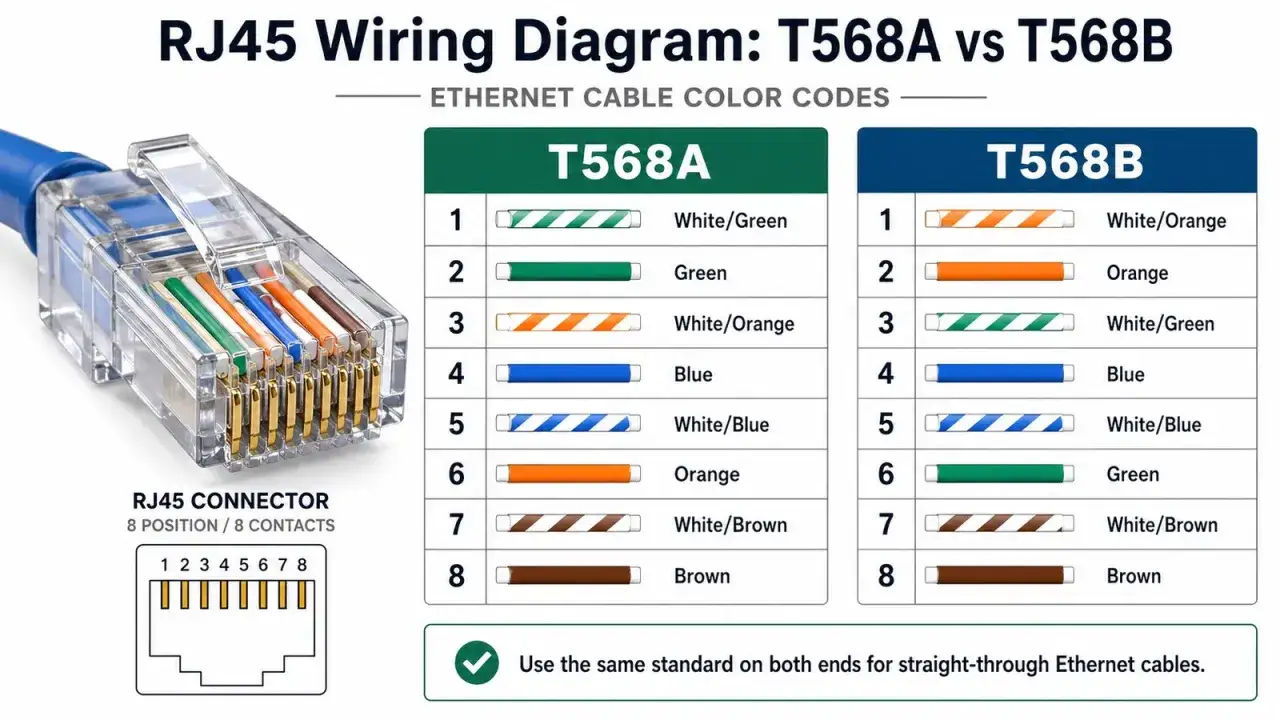 Vergleich der RJ45-Verkabelung: T568A oder T568B. Das Bild zeigt die Farbcodes für Ethernet-Kabel.