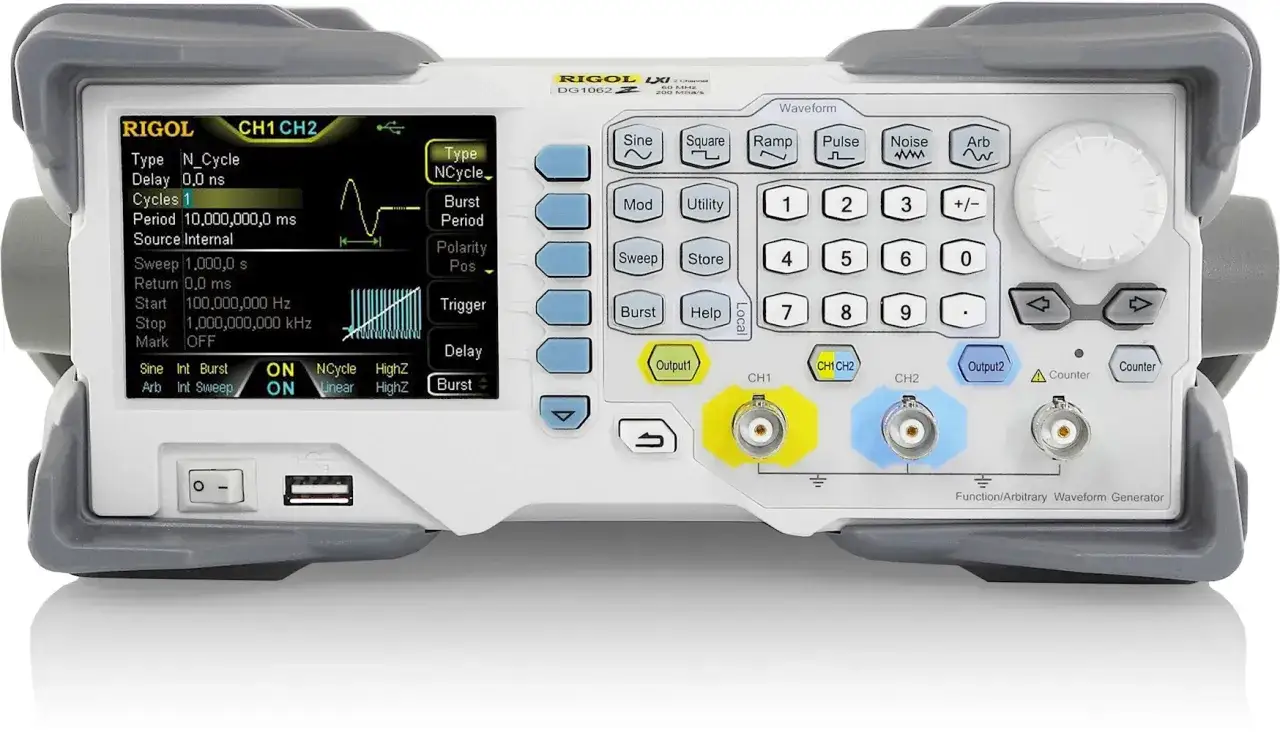 Rigol DG1022Z Funktionsgenerator mit zwei Kanälen, Display und Tastenfeld.