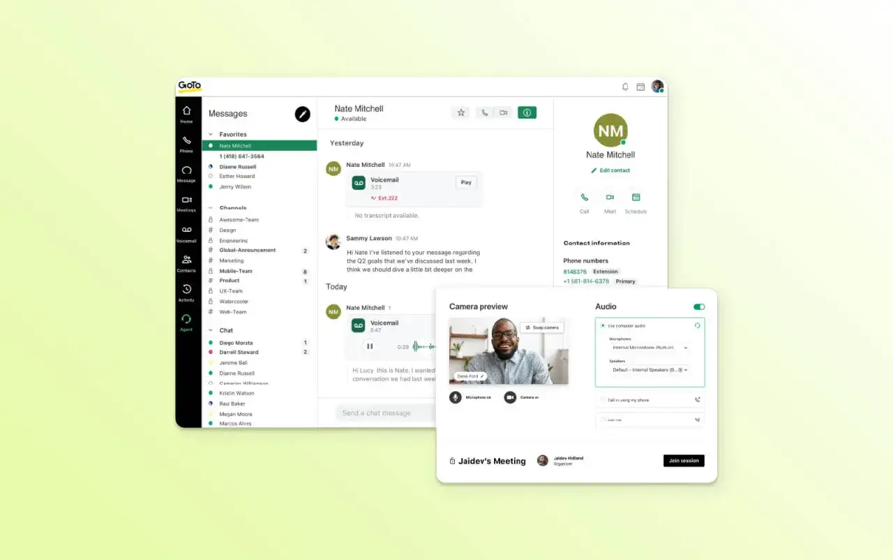 GoTo-Oberfläche für inbound call center services: Nachrichten, Anrufe, Voicemail und Videokonferenzen.