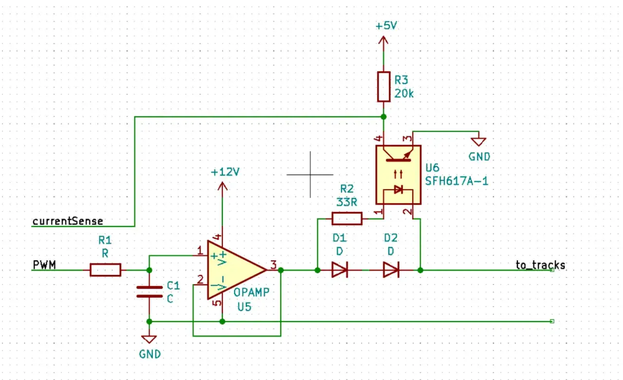 Schaltplan zeigt eine PWM-DAC-Schaltung mit Op-Amp und Optokoppler zur Steuerung von Gleisen.
