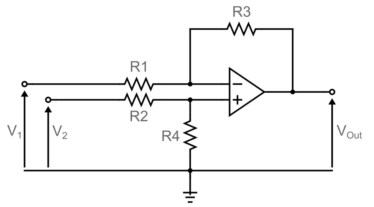 Schaltplan eines instrumentation amplifier mit Widerständen R1, R2, R3, R4 und einem Operationsverstärker.