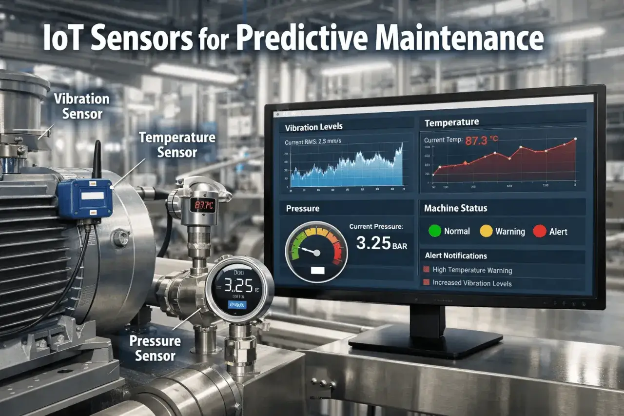 IoT Sensoren für vorausschauende Wartung: Vibrations-, Temperatur- und Drucksensoren überwachen eine Maschine, die Daten werden auf einem Monitor angezeigt.
