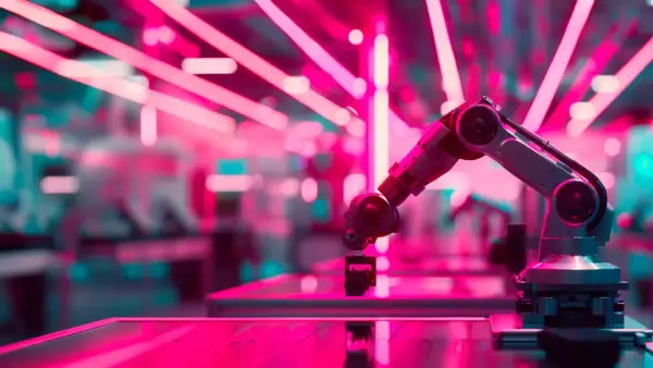 Roboterarm greift nach einem Bauteil, umgeben von leuchtenden Neonlichtern. KI am Rande der Zukunft, bereit für neue Aufgaben.