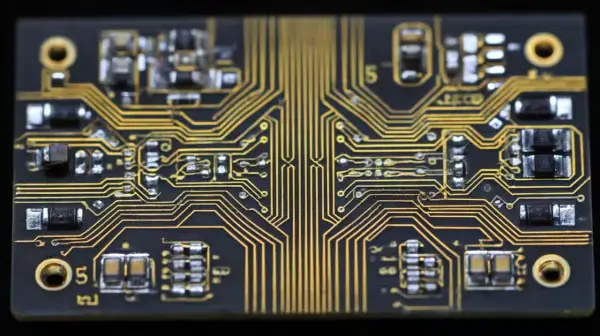 Detailaufnahme einer Leiterplatte mit goldenen Leiterbahnen und Bauteilen. Die präzise Anordnung deutet auf eine Anwendung hin, bei der der **dielektrische Verlusttangens** eine Rolle spielt.